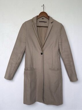 AllSaints Leni Coat Taupe Wool Suede Trim Longline Sz 4